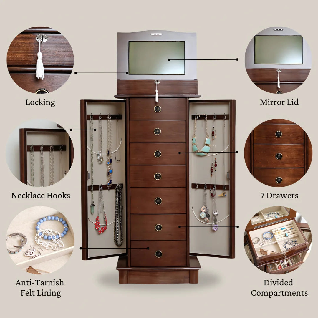 Nora Traditional Jewelry Armoire with Locking Compartment and Ample Storage, Walnut