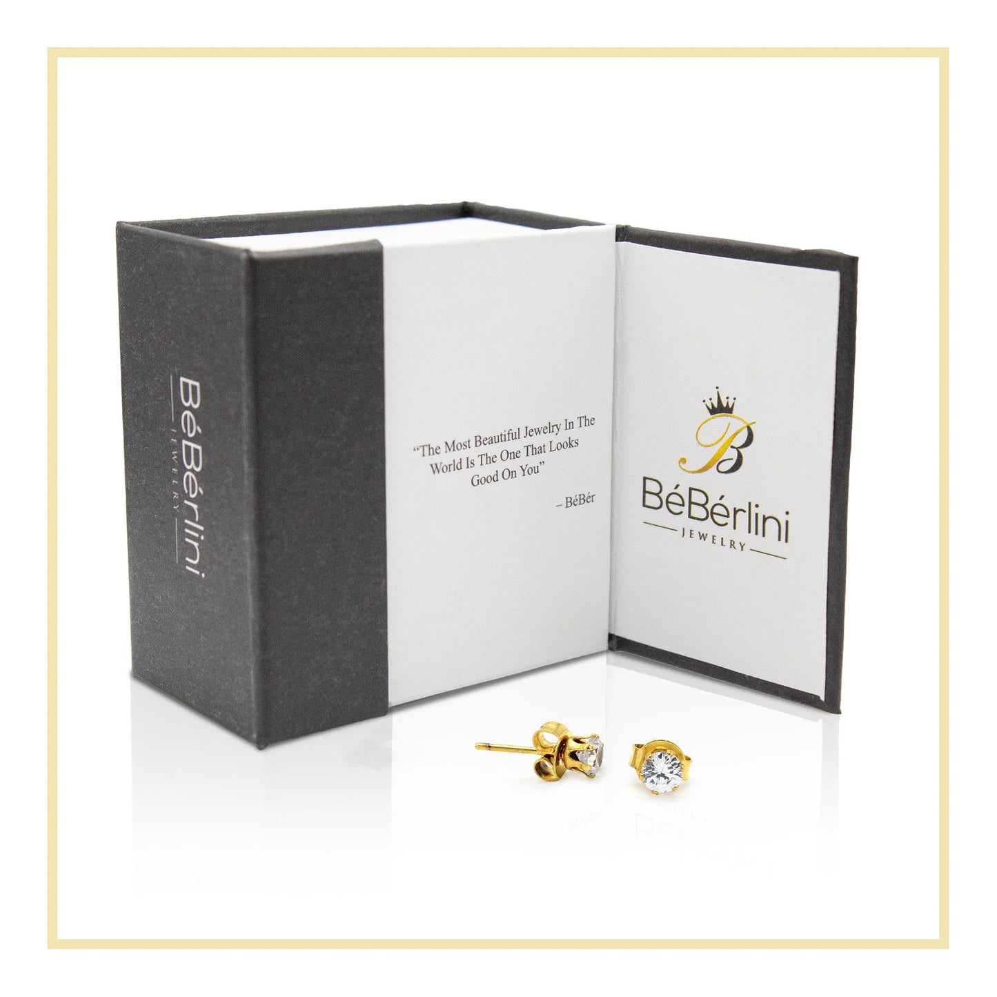 Women Stud Earrings CZ 14K Gold Plated Stainless Steel Jewelry round 4 Mm