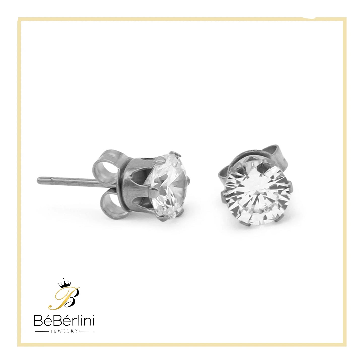 Women Stud Earrings Cubic Zirconia Silver Stainless Steel Jewelry round 6 Mm