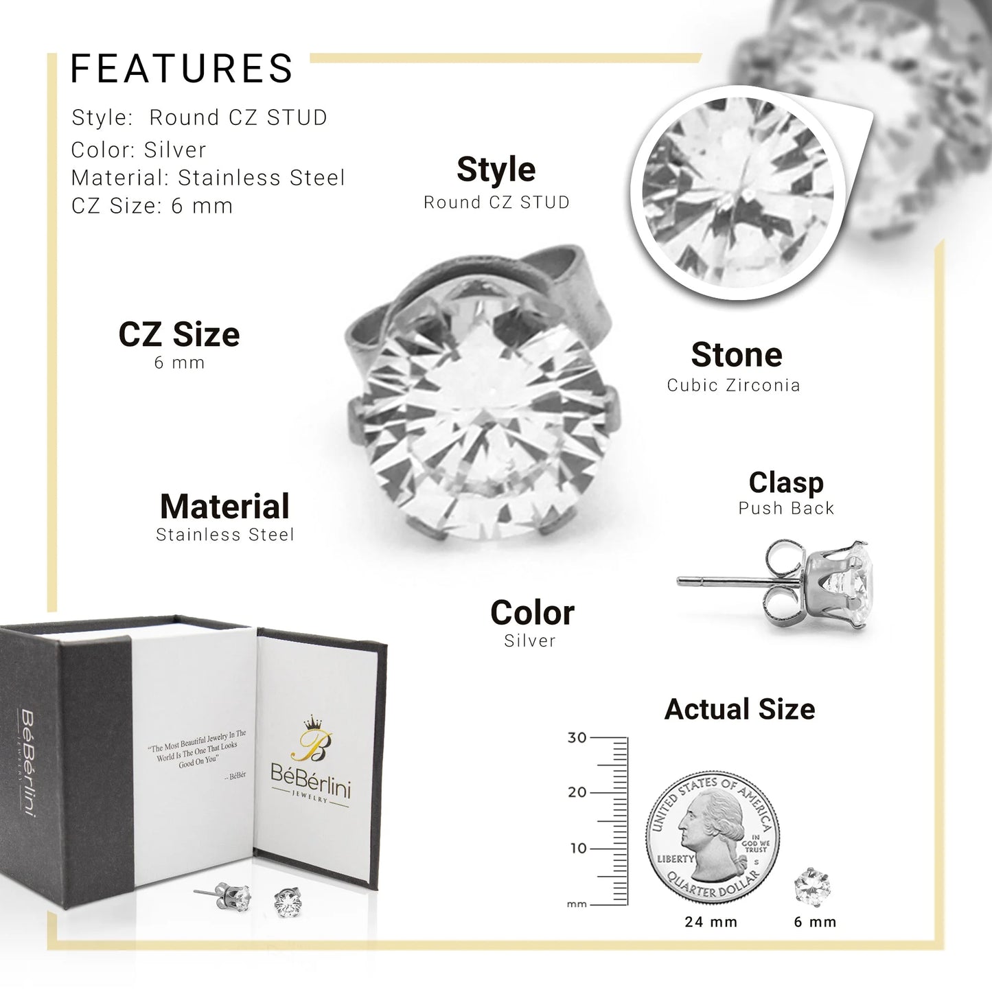Women Stud Earrings Cubic Zirconia Silver Stainless Steel Jewelry round 6 Mm