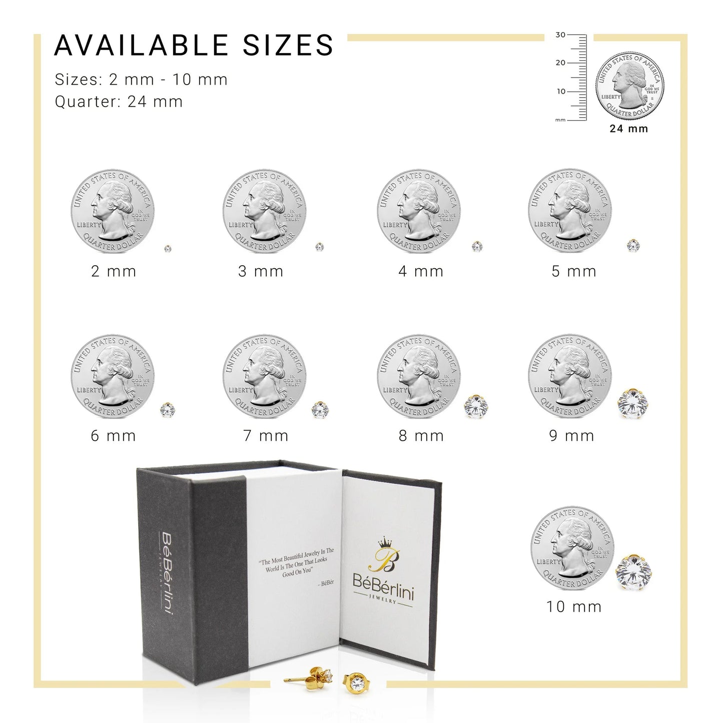 Women Stud Earrings CZ 14K Gold Plated Stainless Steel Jewelry round 4 Mm