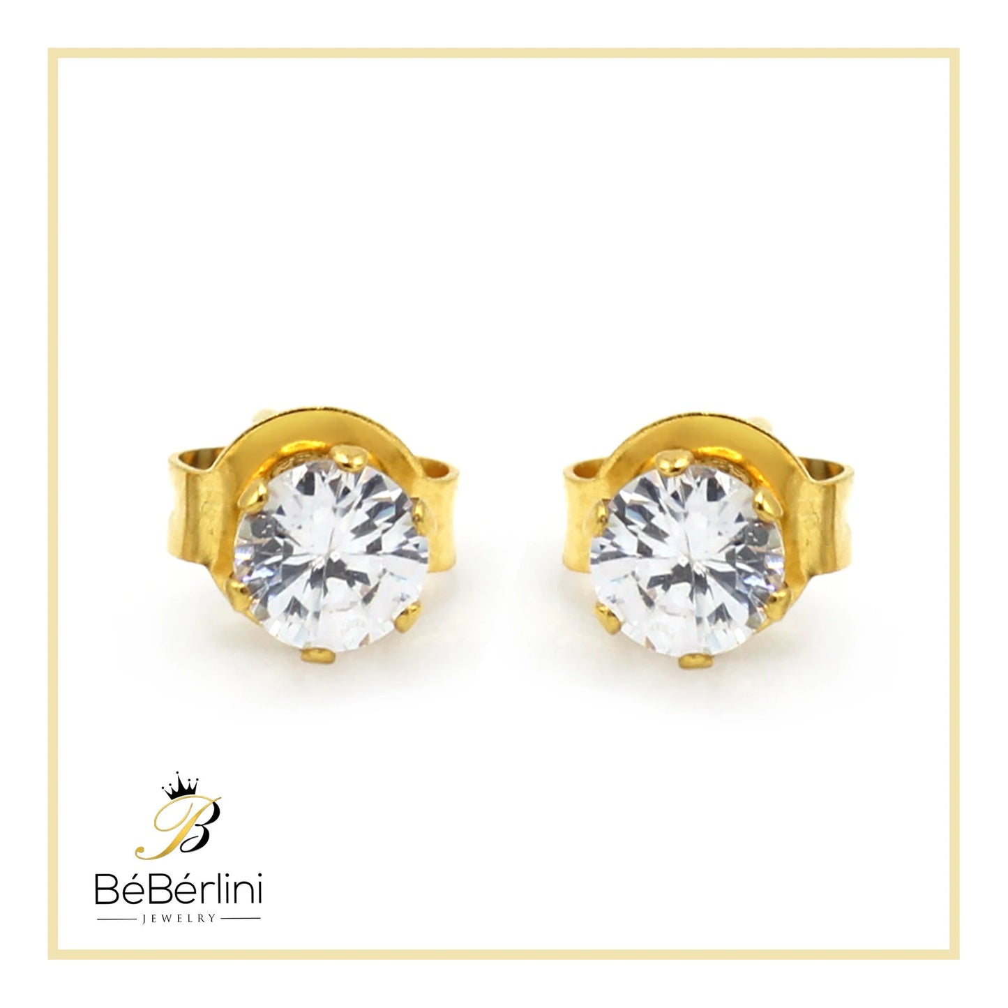 Women Stud Earrings CZ 14K Gold Plated Stainless Steel Jewelry round 4 Mm