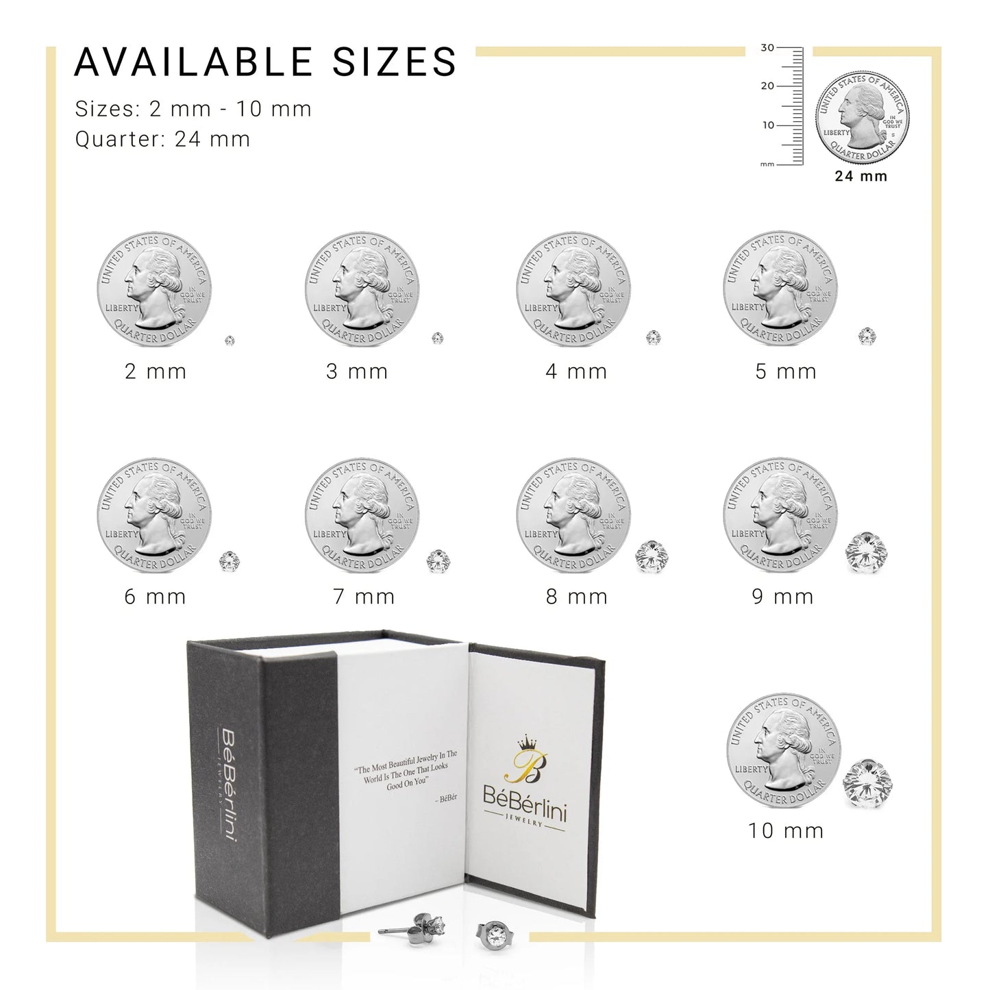 Women Stud Earrings Cubic Zirconia Silver Stainless Steel Jewelry round 6 Mm