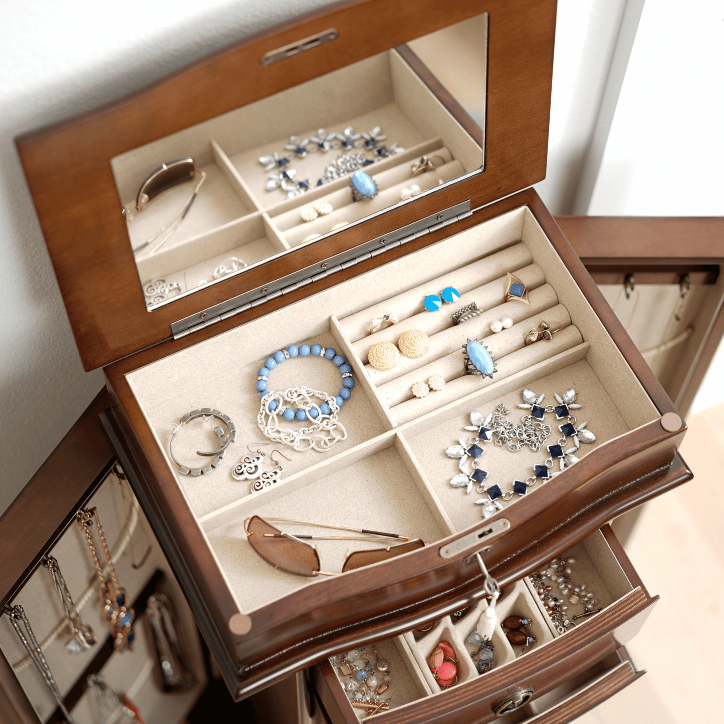 Nora Traditional Jewelry Armoire with Locking Compartment and Ample Storage, Walnut