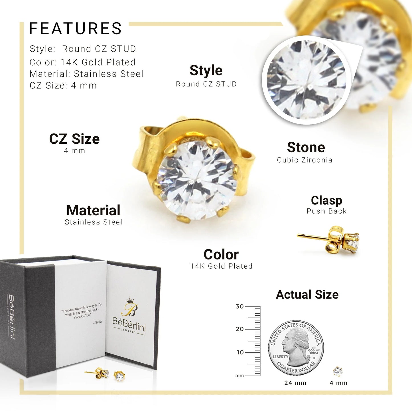 Women Stud Earrings CZ 14K Gold Plated Stainless Steel Jewelry round 4 Mm