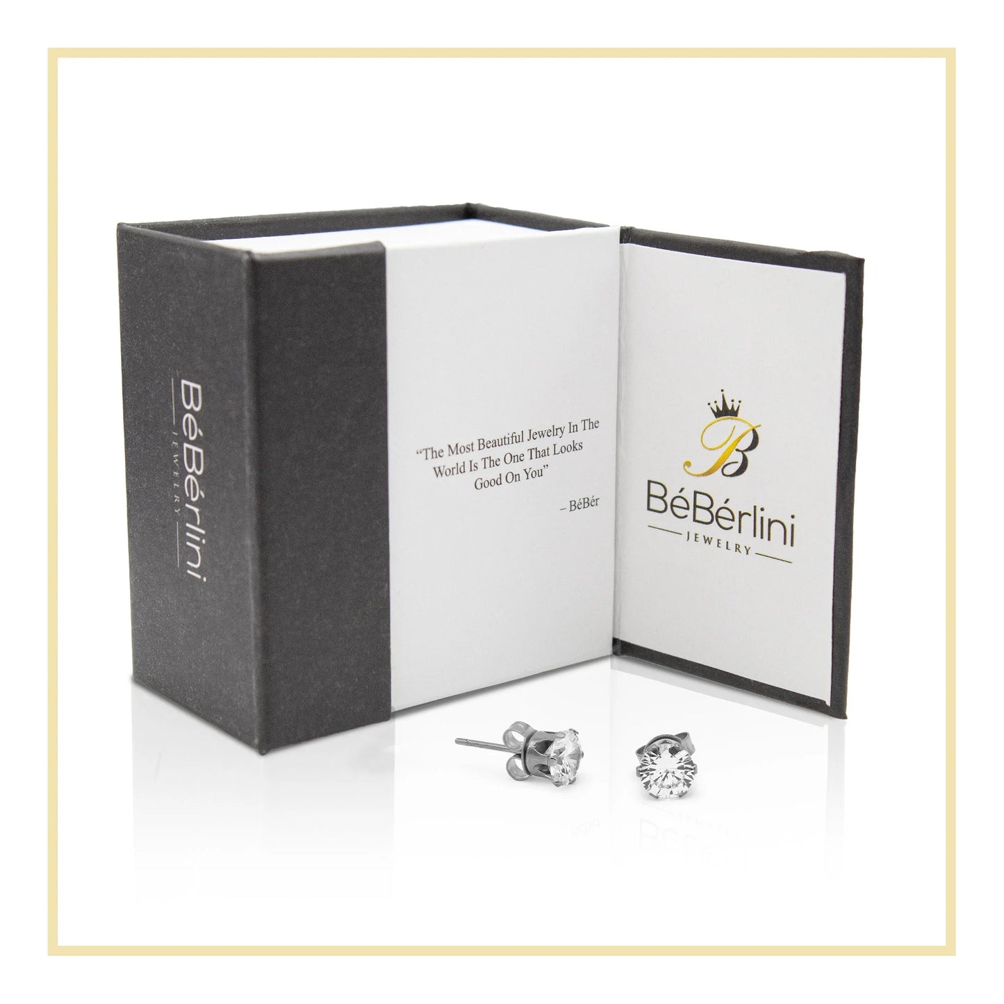 Women Stud Earrings Cubic Zirconia Silver Stainless Steel Jewelry round 6 Mm