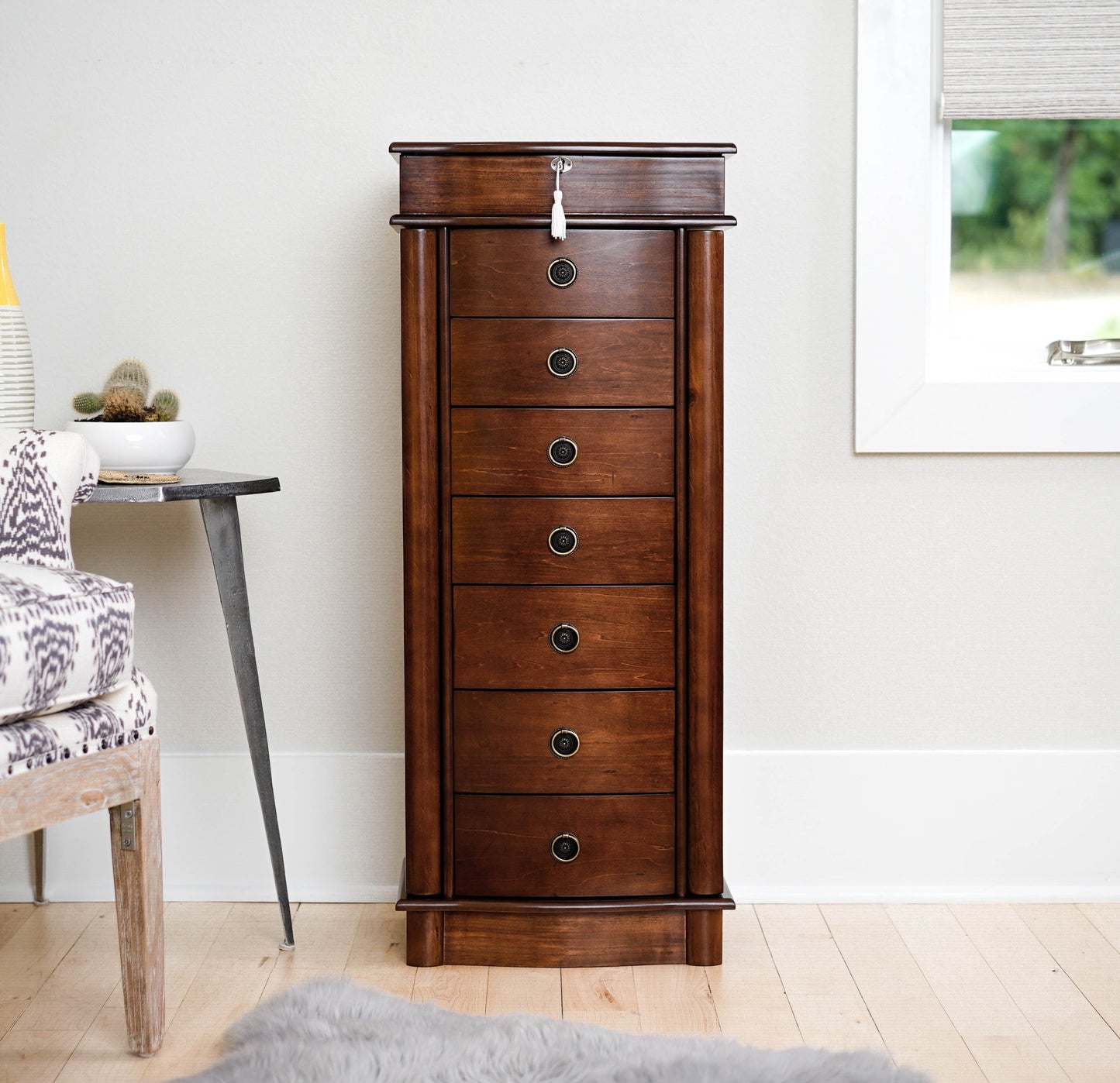 Nora Traditional Jewelry Armoire with Locking Compartment and Ample Storage, Walnut