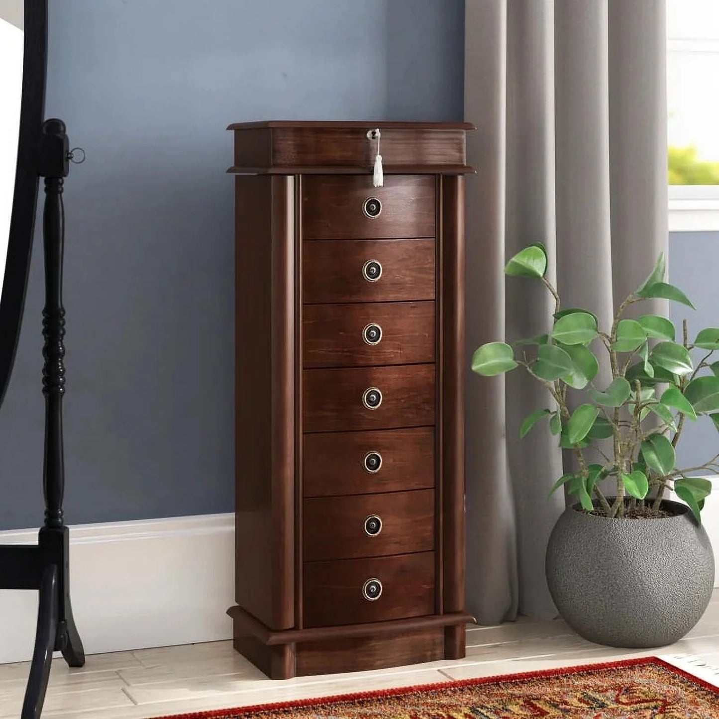 Nora Traditional Jewelry Armoire with Locking Compartment and Ample Storage, Walnut