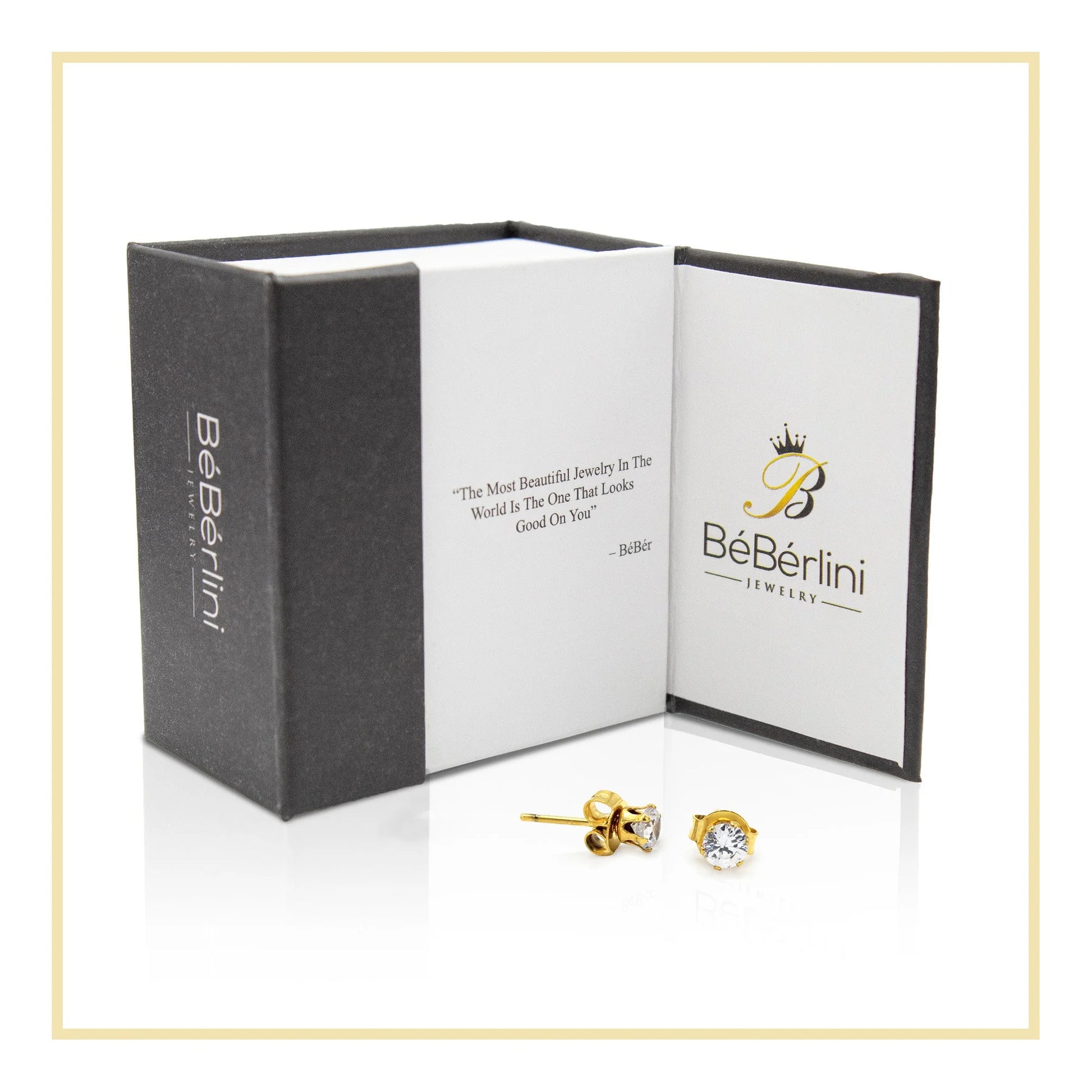 Women Stud Earrings CZ 14K Gold Plated Stainless Steel Jewelry round 4 Mm