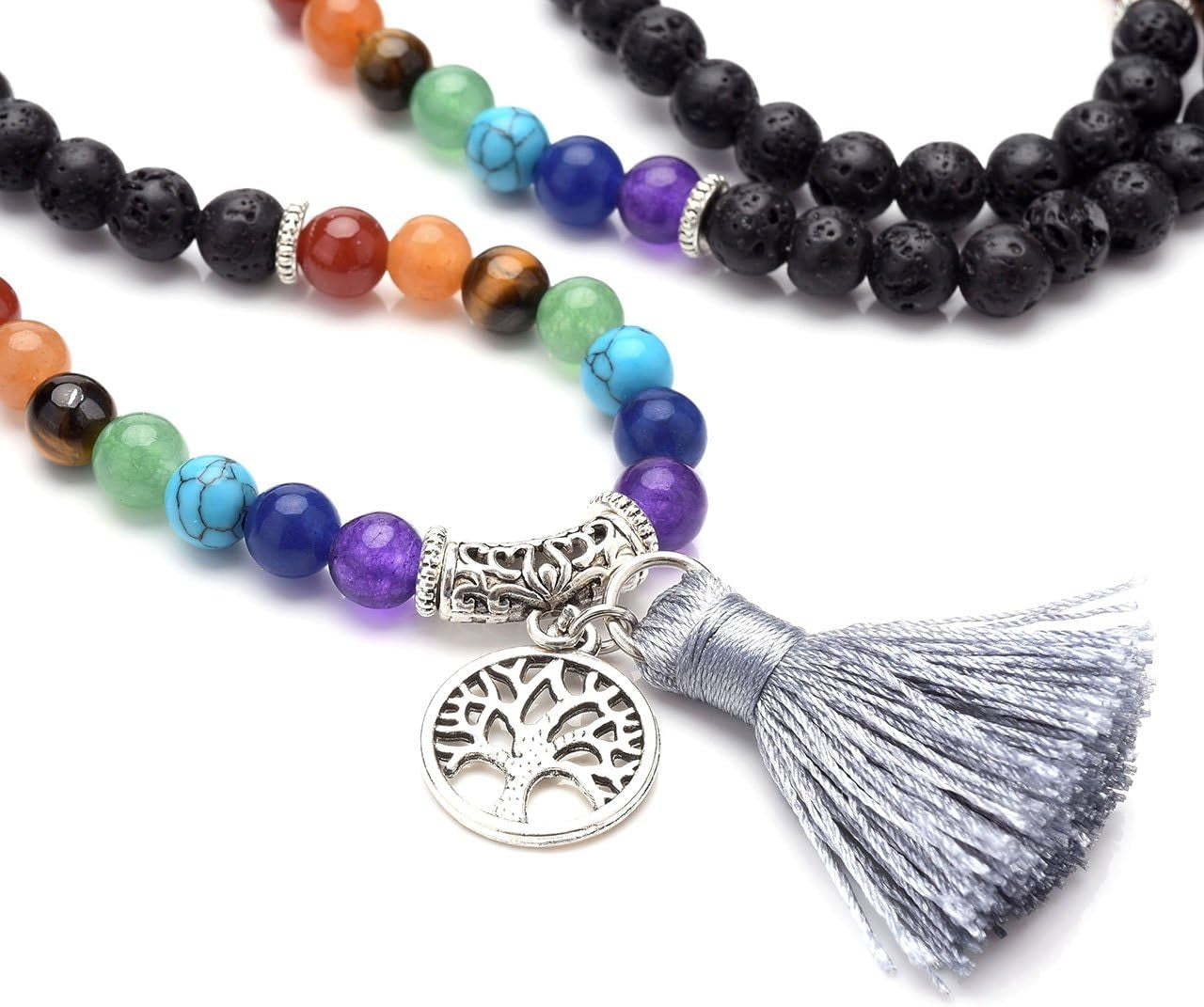 7 Chakra Mala Prayer Beads 108 Meditation Healing Multilayer Bracelet/Necklace W/Tree of Life Tassel Charm