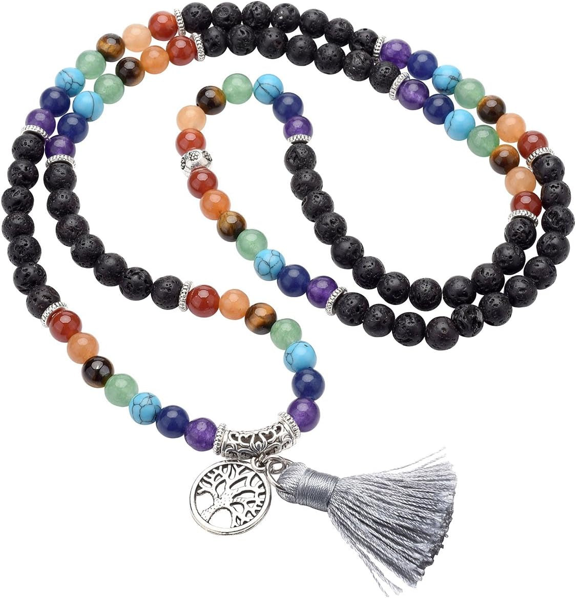 7 Chakra Mala Prayer Beads 108 Meditation Healing Multilayer Bracelet/Necklace W/Tree of Life Tassel Charm