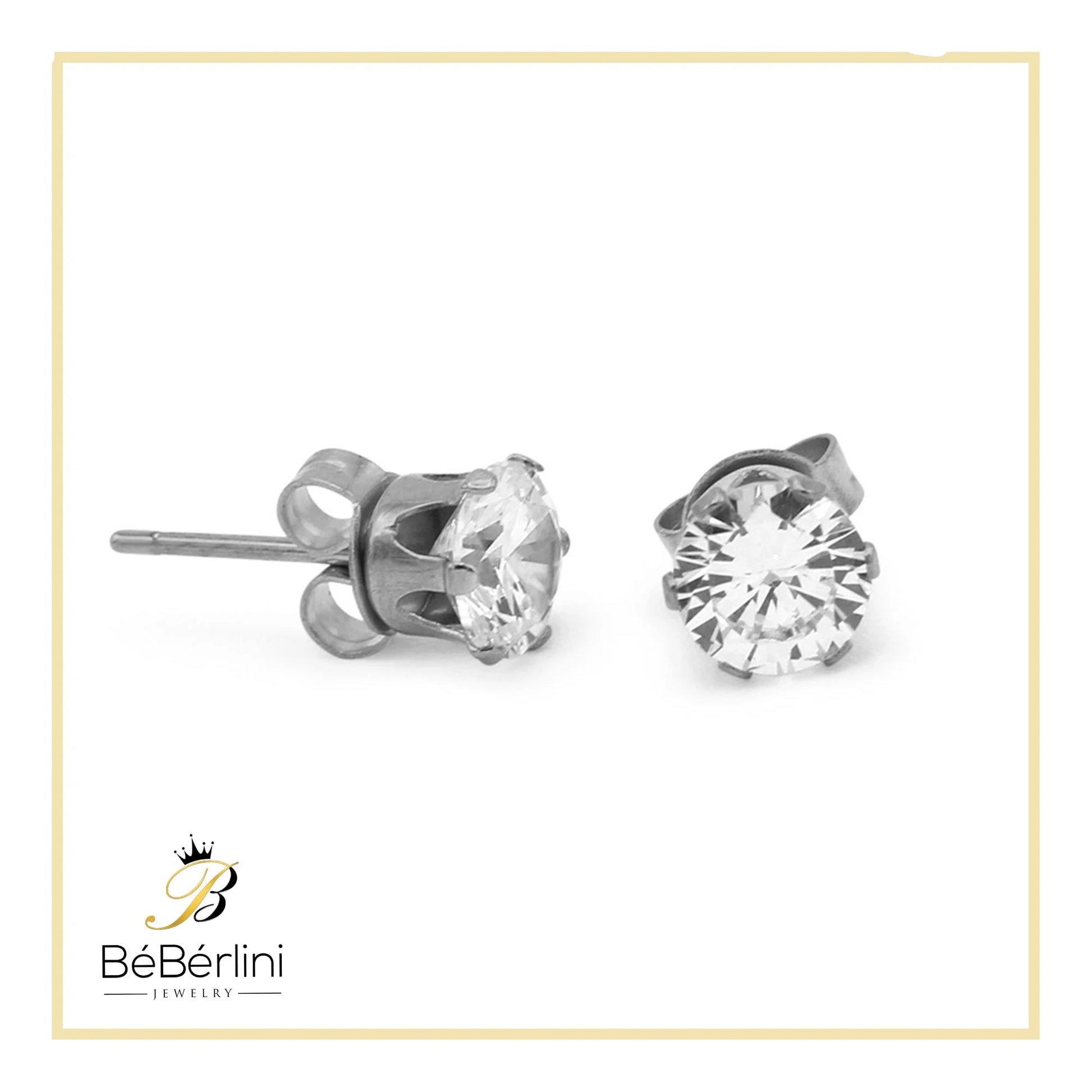 Women Stud Earrings Cubic Zirconia Silver Stainless Steel Jewelry round 6 Mm