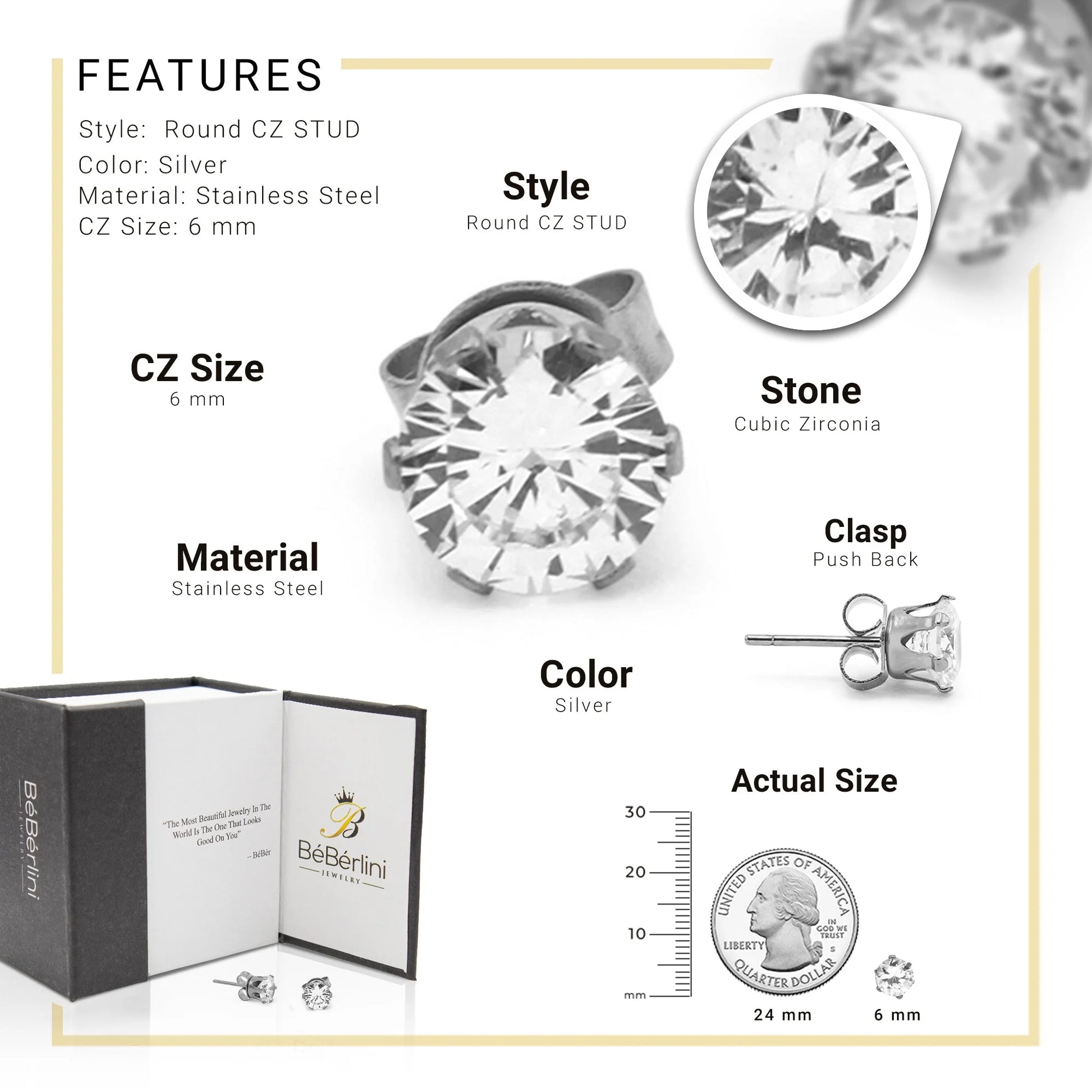 Women Stud Earrings Cubic Zirconia Silver Stainless Steel Jewelry round 6 Mm