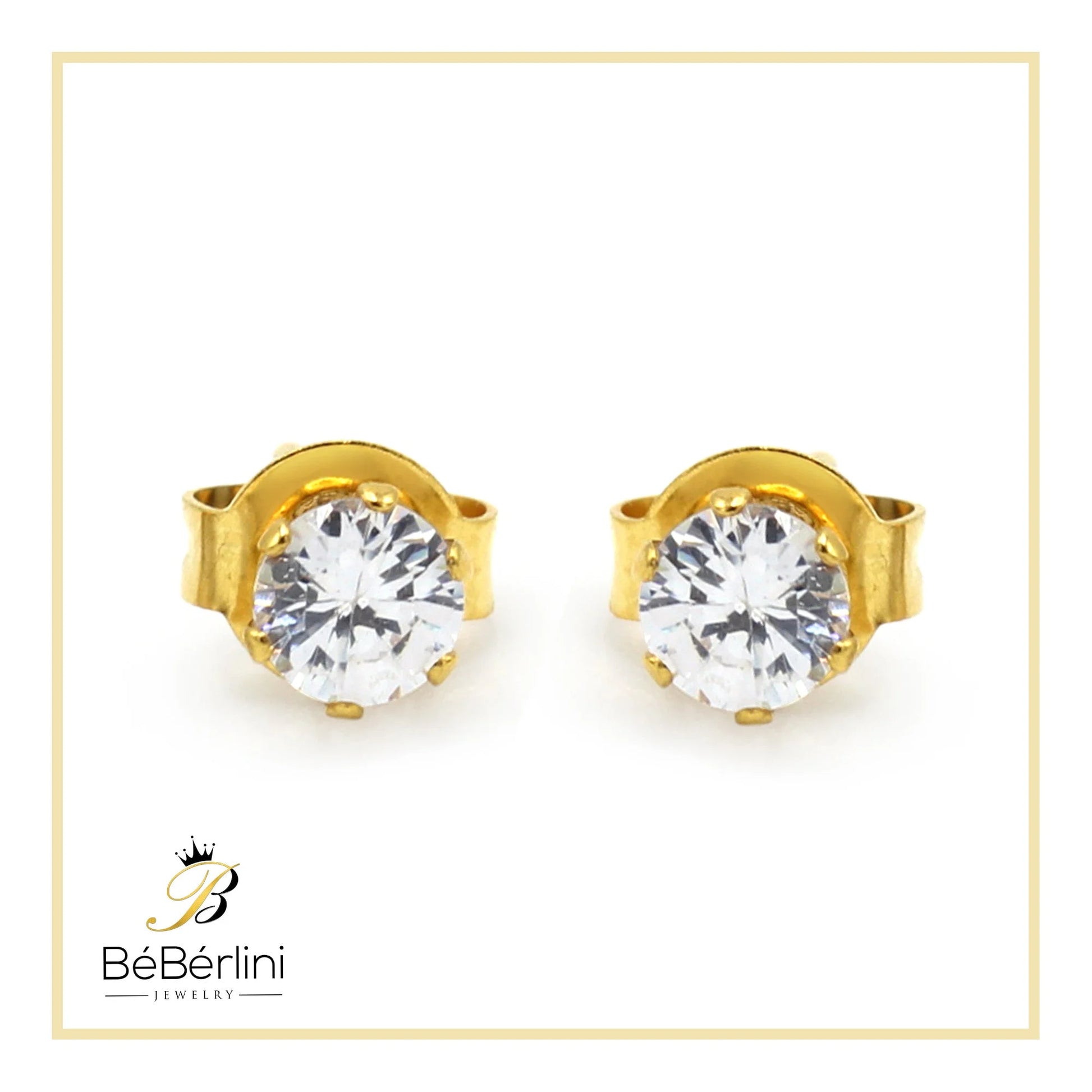 Women Stud Earrings CZ 14K Gold Plated Stainless Steel Jewelry round 4 Mm