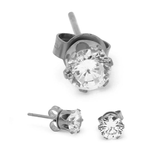 Women Stud Earrings Cubic Zirconia Silver Stainless Steel Jewelry round 6 Mm