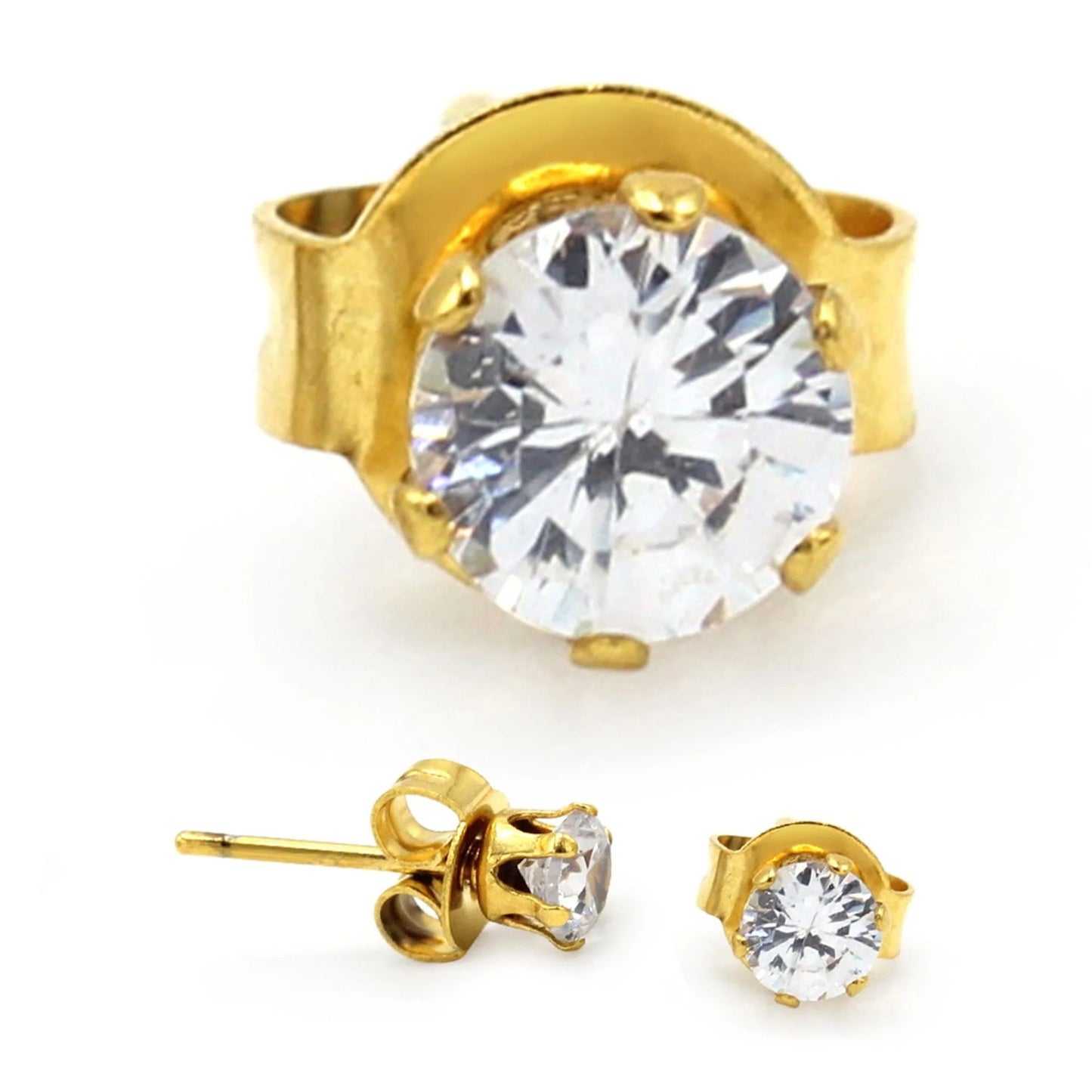 Women Stud Earrings CZ 14K Gold Plated Stainless Steel Jewelry round 4 Mm