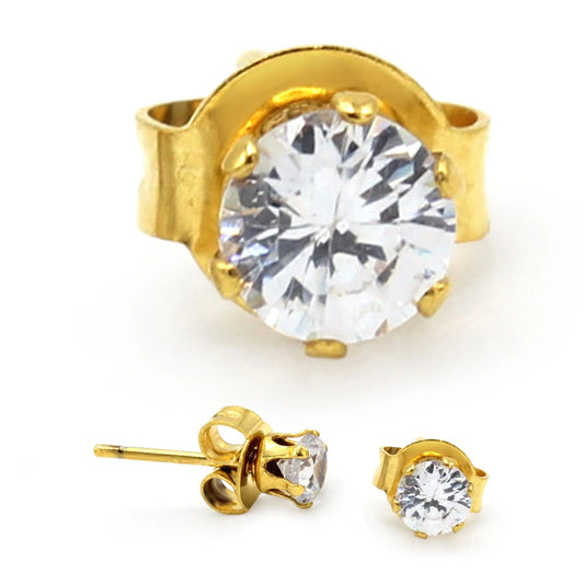 Women Stud Earrings CZ 14K Gold Plated Stainless Steel Jewelry round 4 Mm