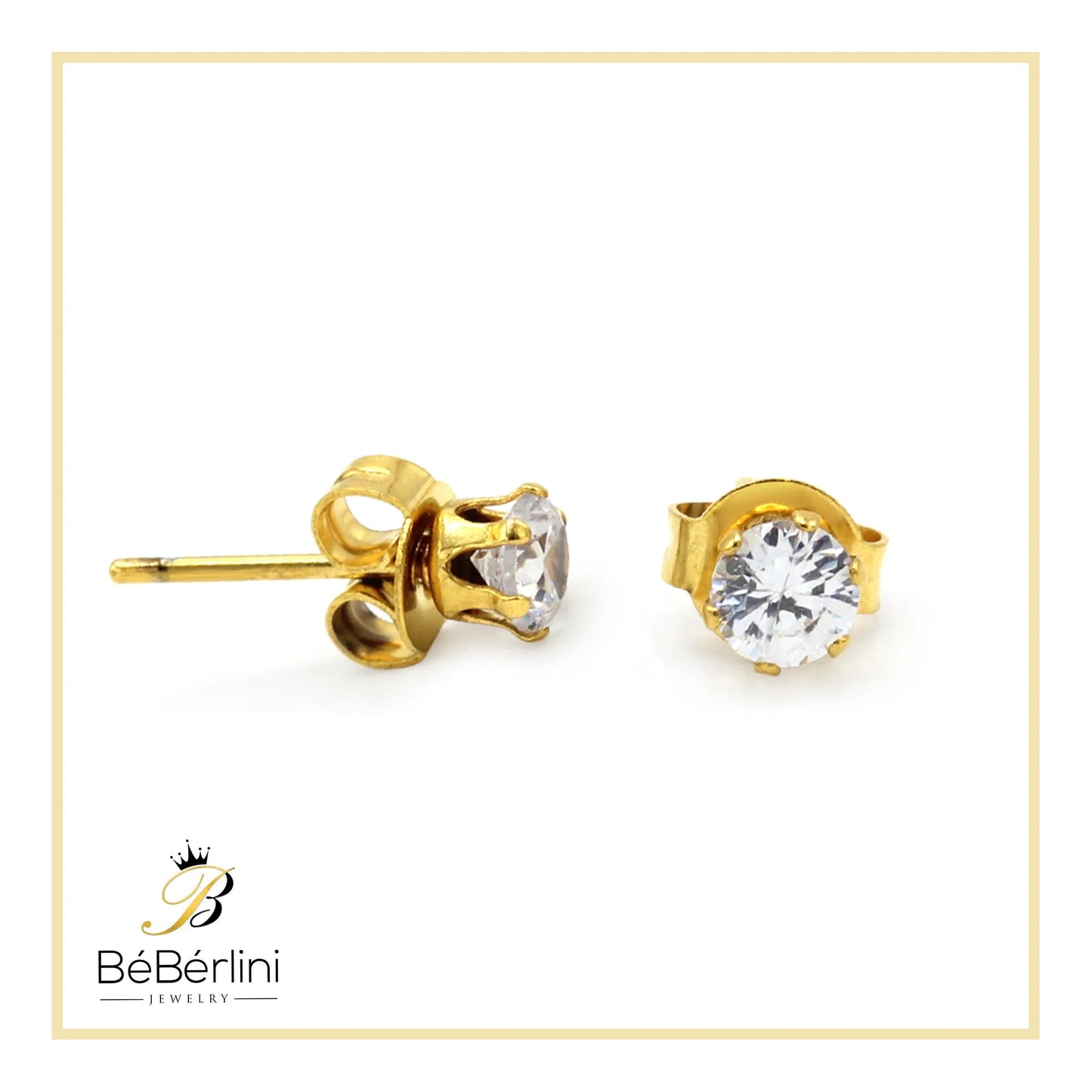 Women Stud Earrings CZ 14K Gold Plated Stainless Steel Jewelry round 4 Mm