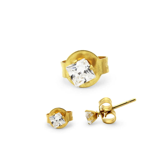 Men Stud Earrings CZ 14K Gold Plated Stainless Steel Jewelry Square 3 Mm